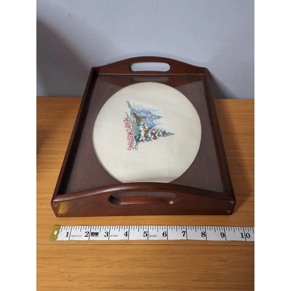 Vintage‎ Wooden Serving Tray Featuring Christmas Croos-Stitch Protected By Glass